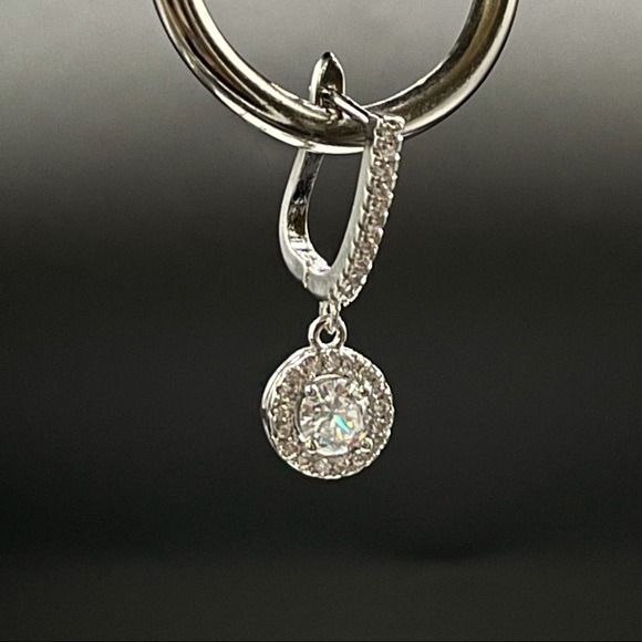 925 Sterling Silver‎ Diamond Halo Dangle Earrings - Picture 7 of 12